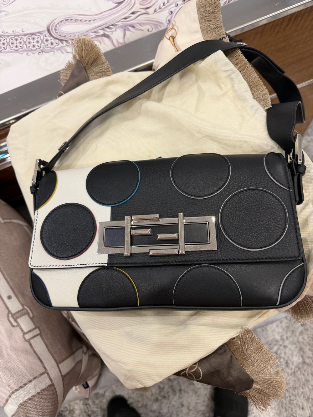 Fendi Black and White Leather Shoulder Bag with Circular Appliqués